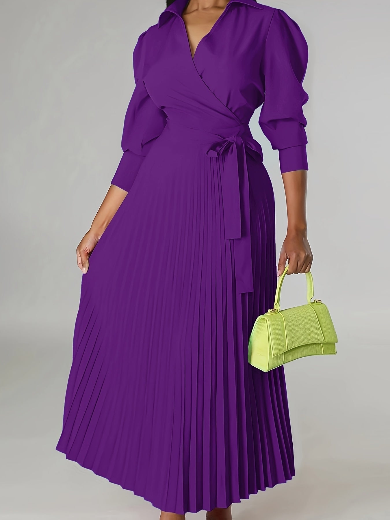 Ginna - Plain Pleated V-neck Dress