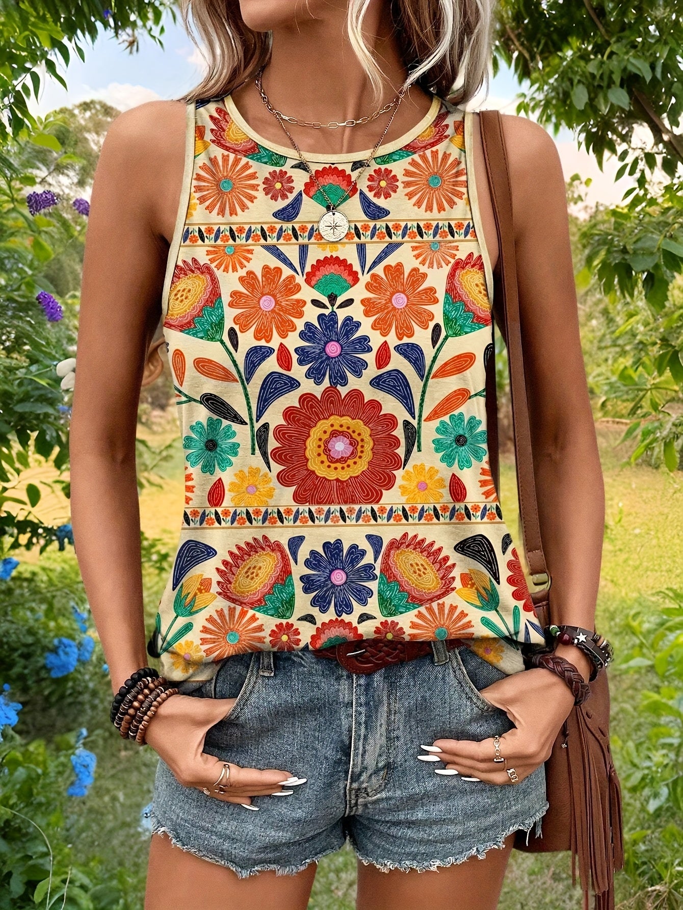 Sayuri - Floral Print Sleeveless T-Shirt