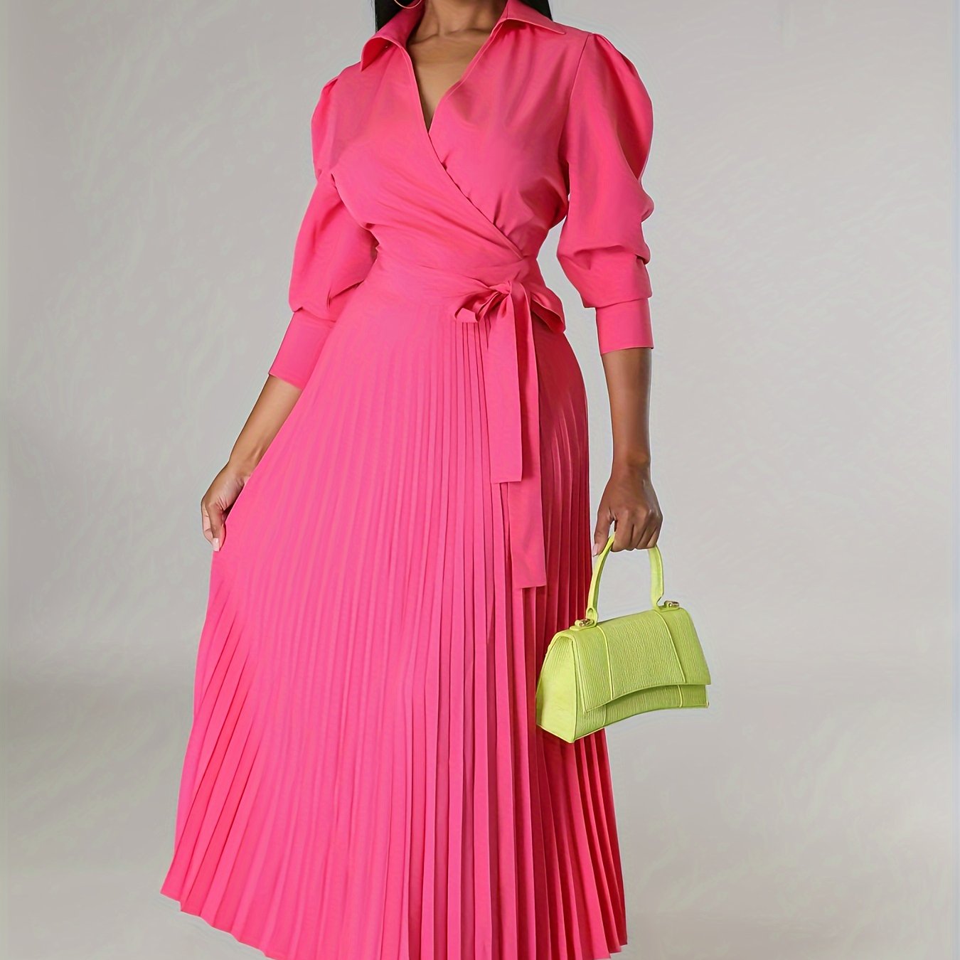 Ginna - Plain Pleated V-neck Dress