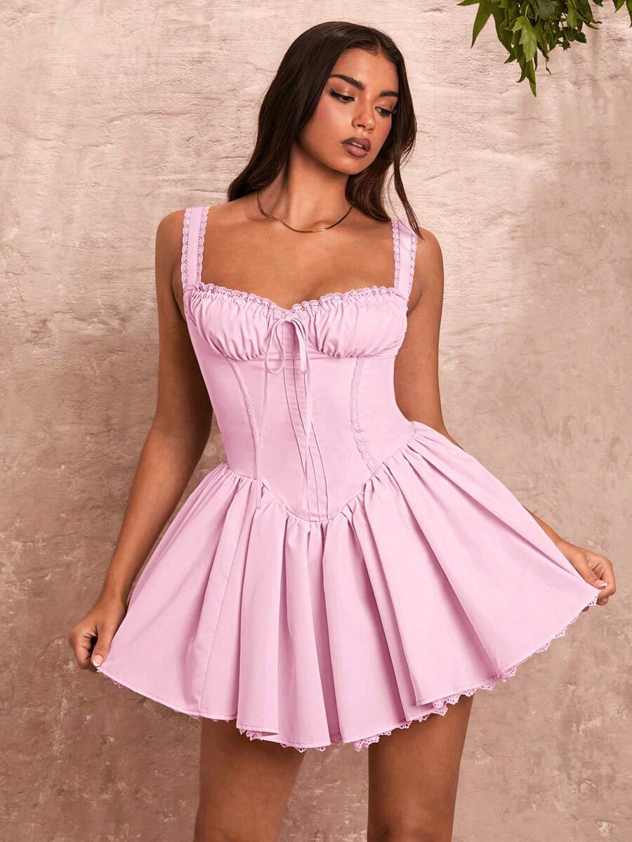 Abrielle - Ruched Cami Dress with Lace