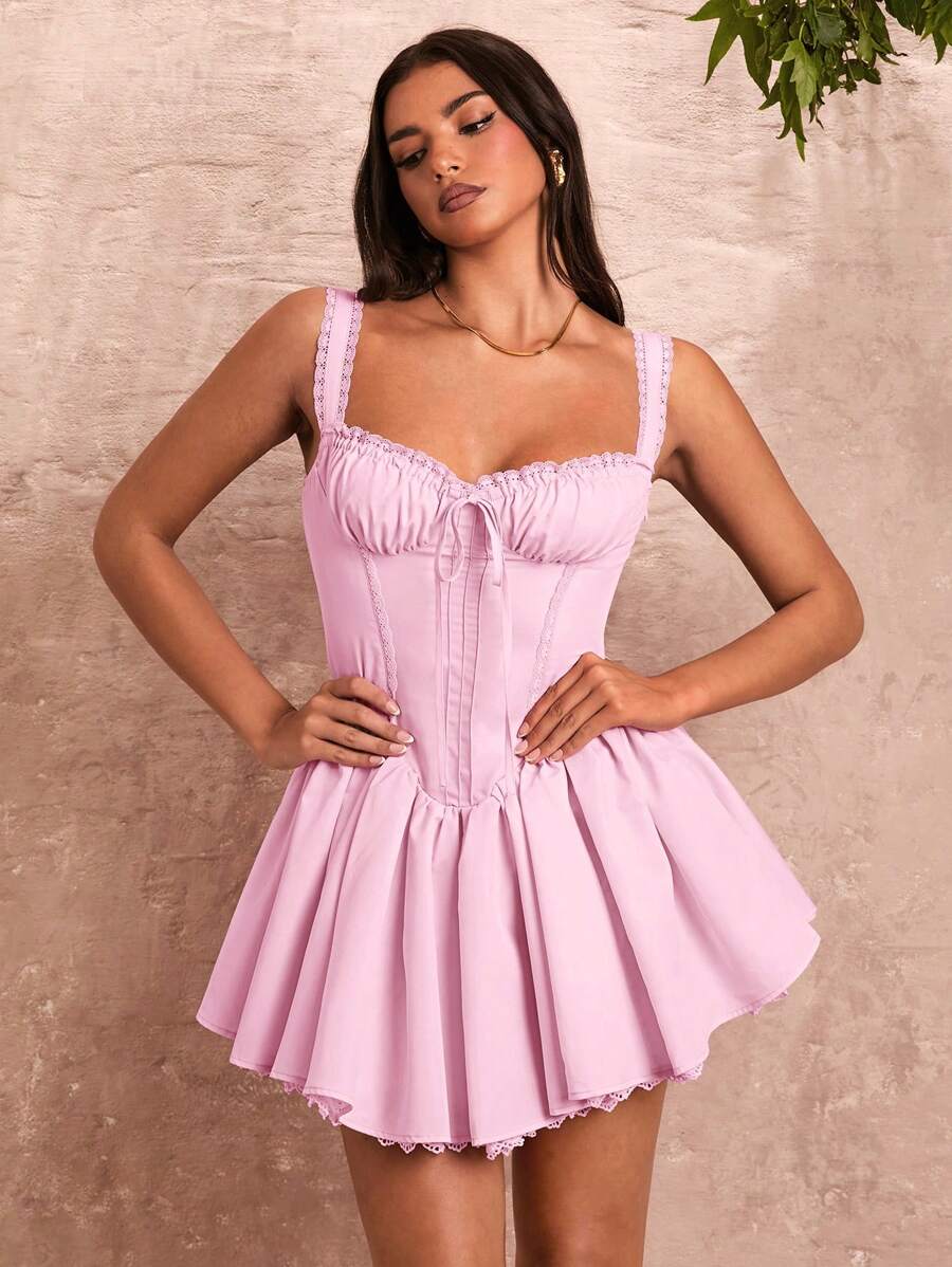 Abrielle - Ruched Cami Dress with Lace
