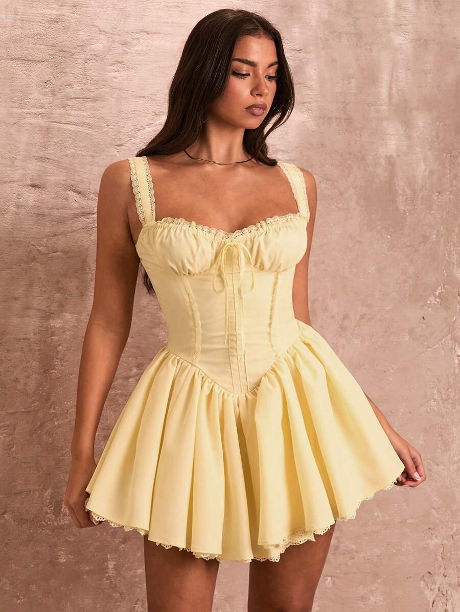 Abrielle - Ruched Cami Dress with Lace