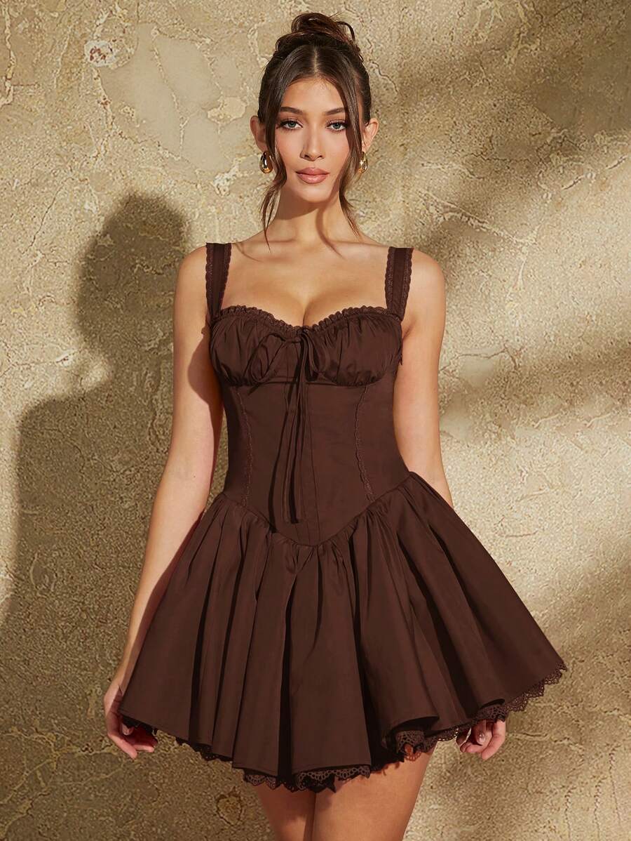 Abrielle - Ruched Cami Dress with Lace
