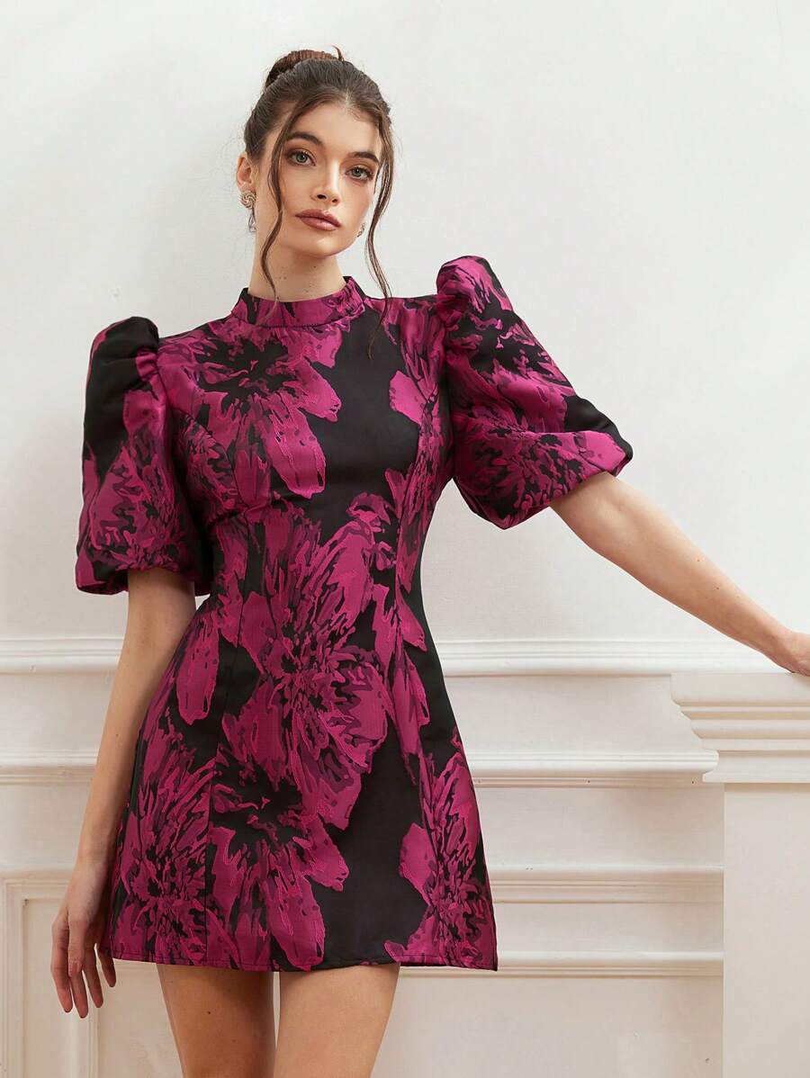 Coralie – Jacquard Dress with Puff Sleeves