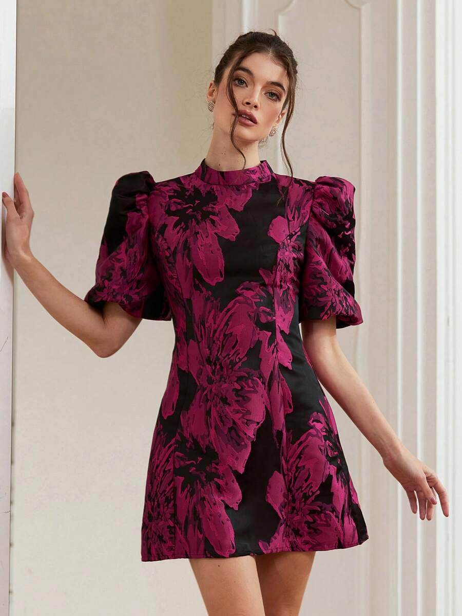 Coralie – Jacquard Dress with Puff Sleeves