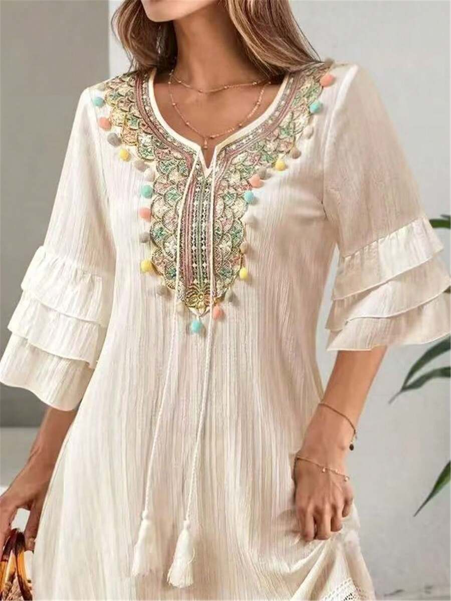 Lux - V-neck Embroidered Tassel Dress