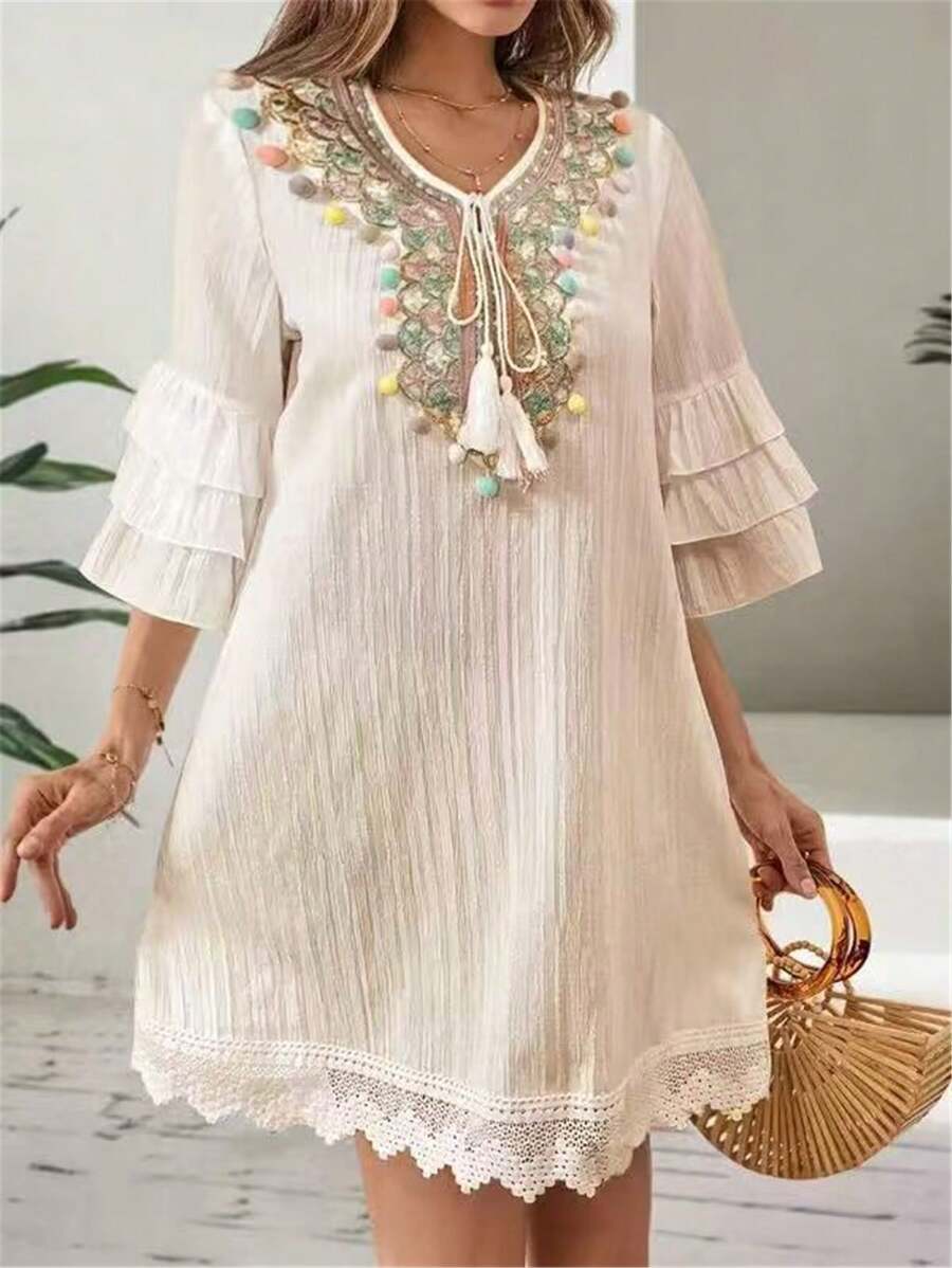 Lux - V-neck Embroidered Tassel Dress