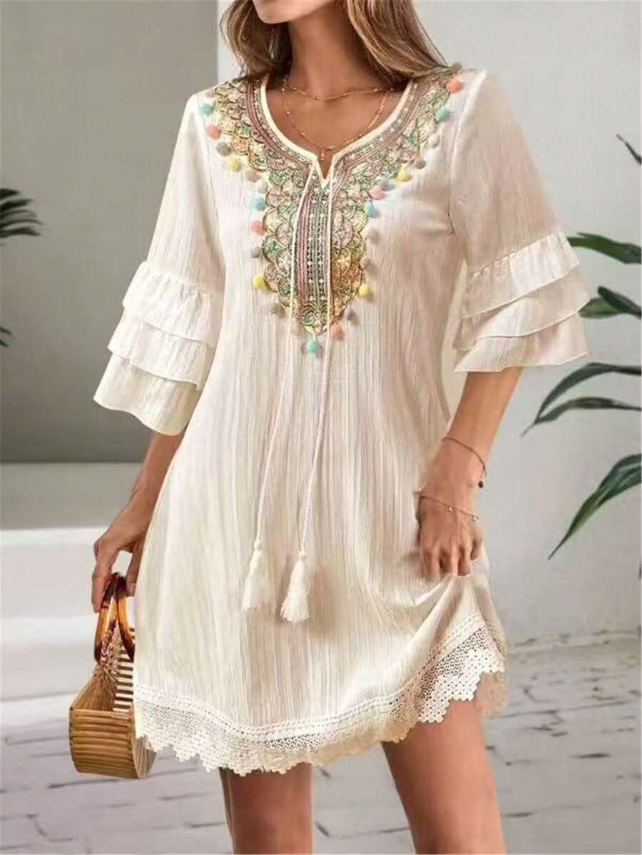 Lux - V-neck Embroidered Tassel Dress