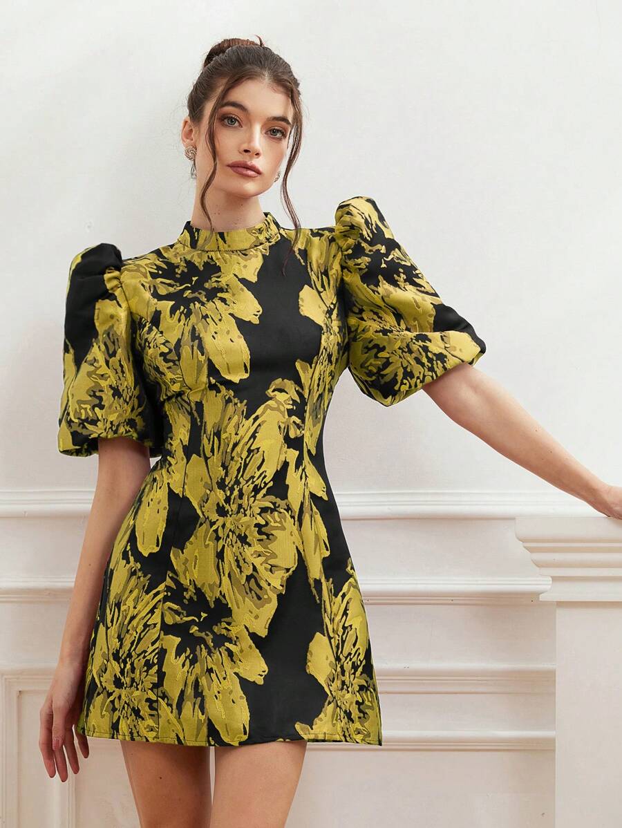Coralie – Jacquard Dress with Puff Sleeves