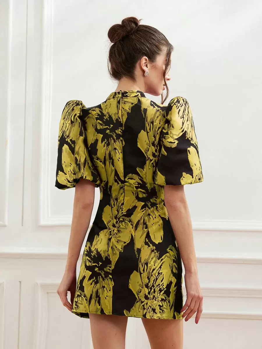 Coralie – Jacquard Dress with Puff Sleeves