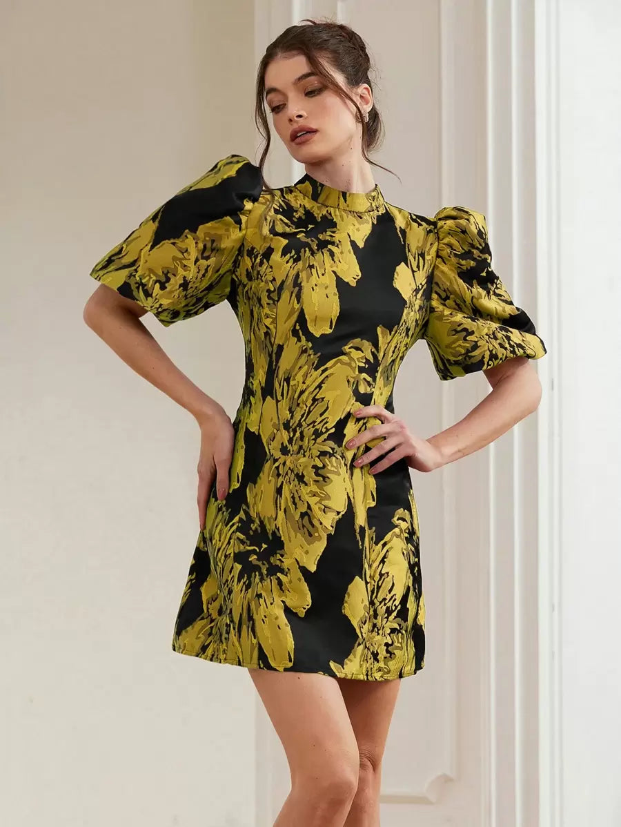 Coralie – Jacquard Dress with Puff Sleeves