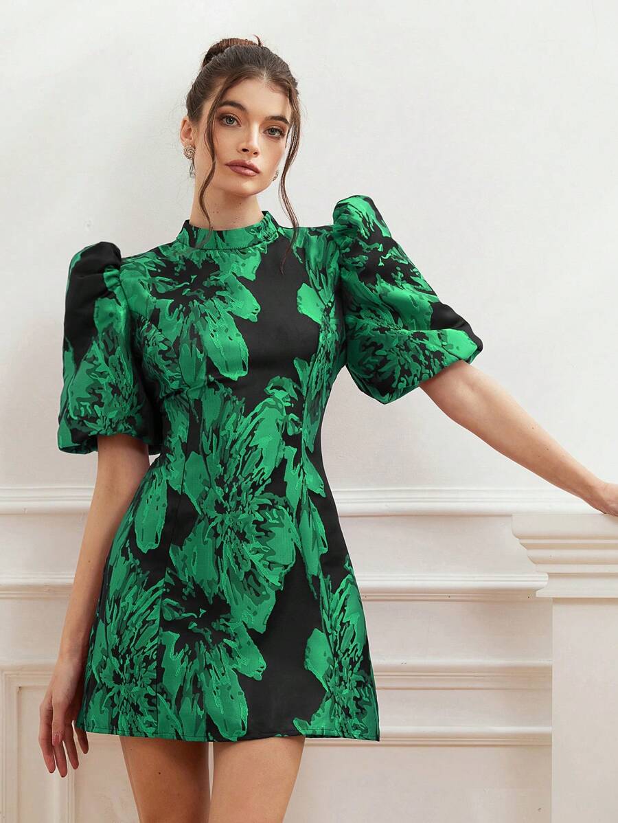 Coralie – Jacquard Dress with Puff Sleeves