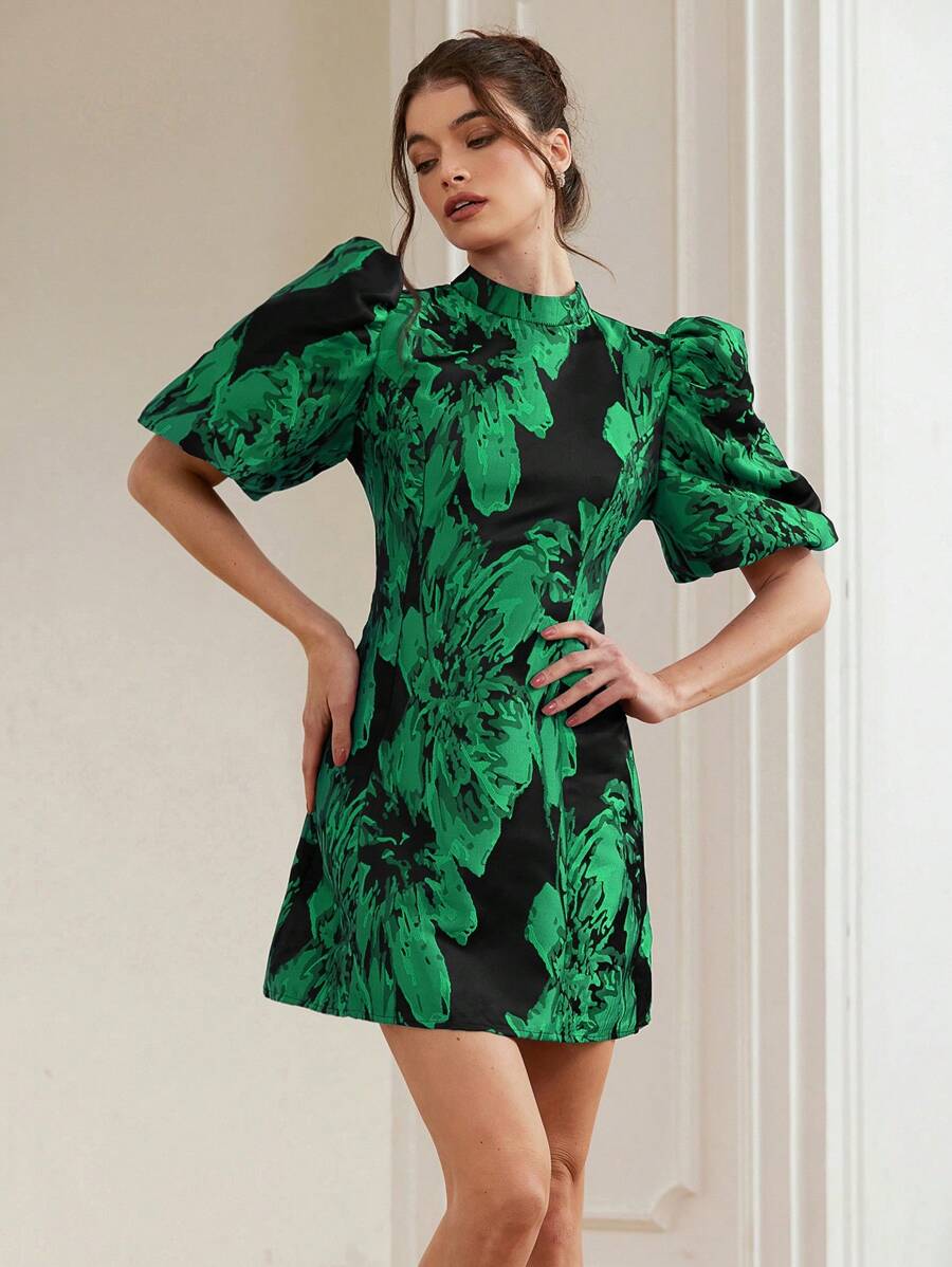 Coralie – Jacquard Dress with Puff Sleeves