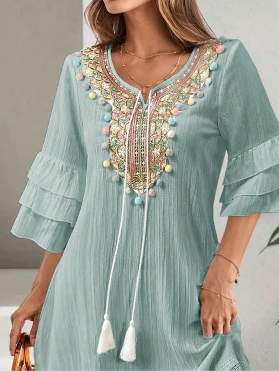 Lux - V-neck Embroidered Tassel Dress