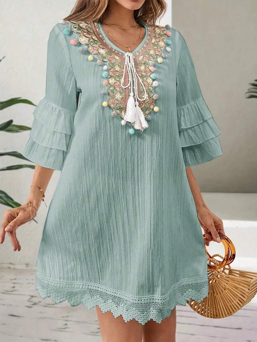 Lux - V-neck Embroidered Tassel Dress