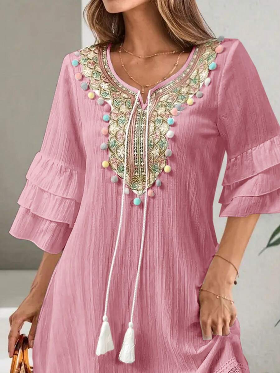 Lux - V-neck Embroidered Tassel Dress
