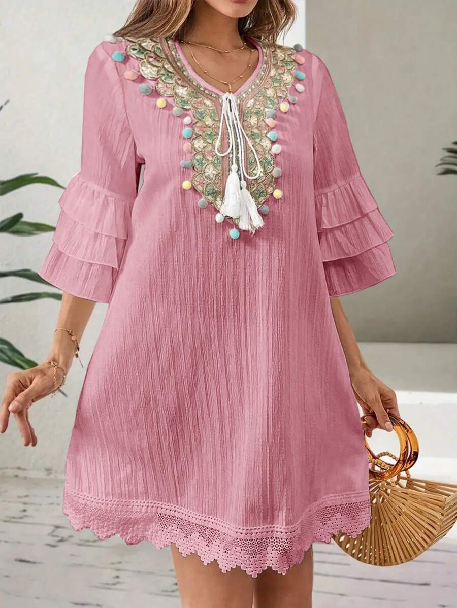 Lux - V-neck Embroidered Tassel Dress