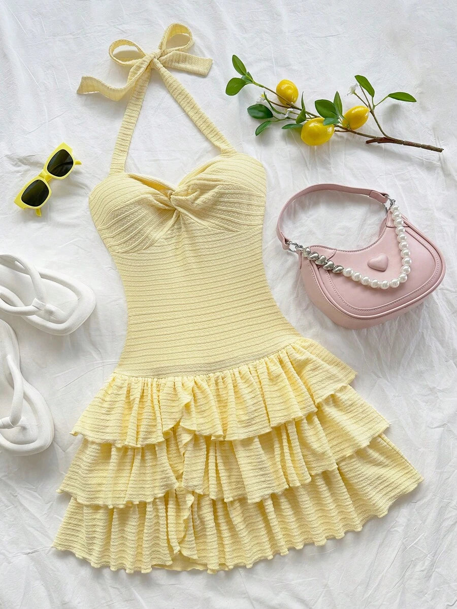 Rosalie - Halter Neck Pleated Mini Dress