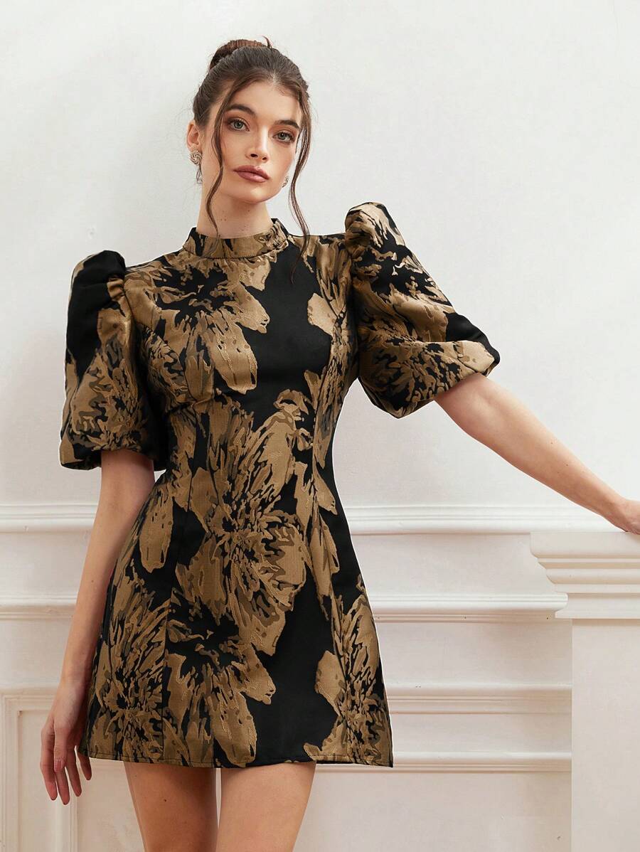 Coralie – Jacquard Dress with Puff Sleeves