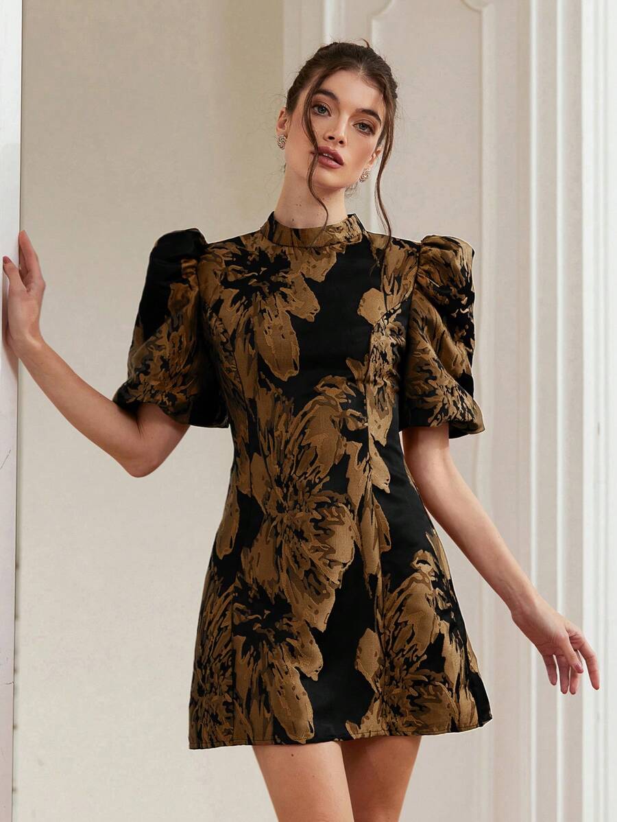 Coralie – Jacquard Dress with Puff Sleeves