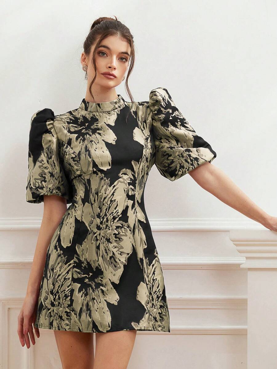 Coralie – Jacquard Dress with Puff Sleeves