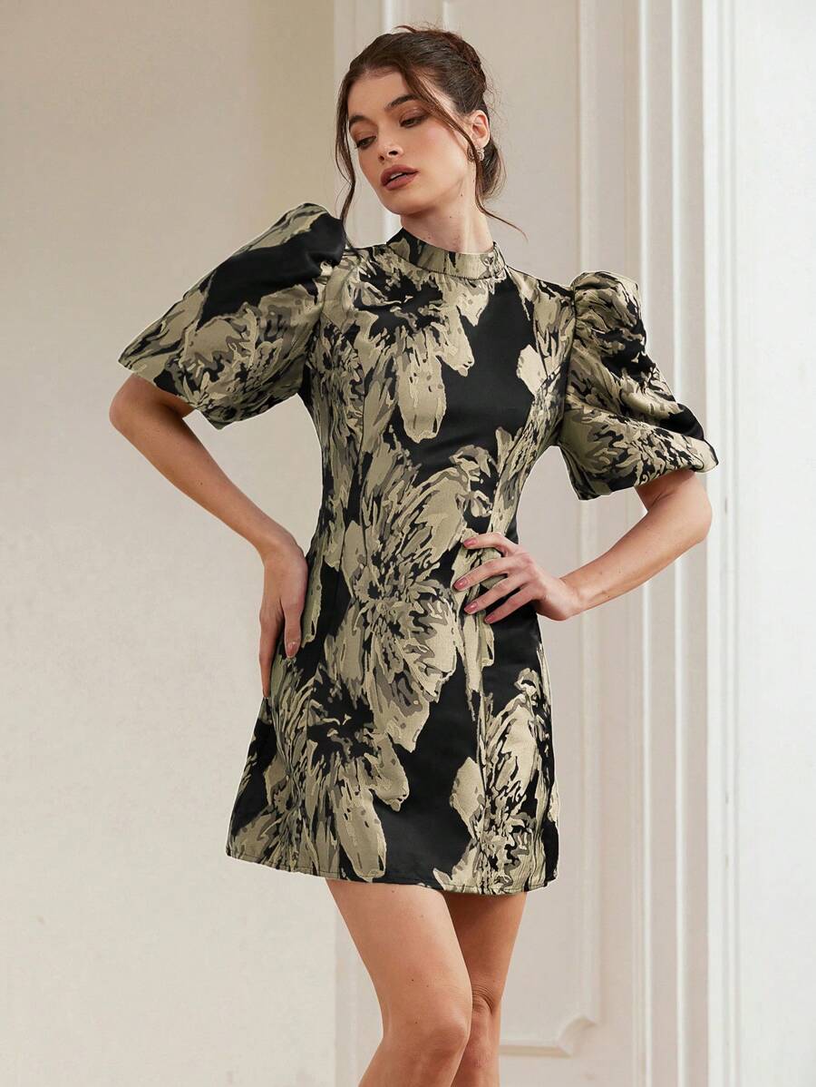 Coralie – Jacquard Dress with Puff Sleeves
