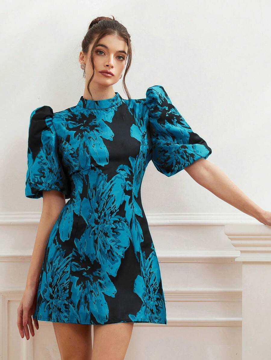 Coralie – Jacquard Dress with Puff Sleeves