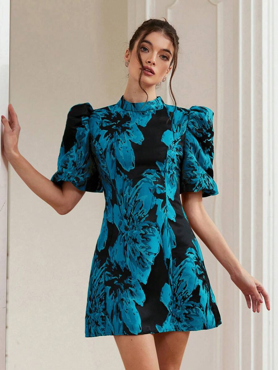 Coralie – Jacquard Dress with Puff Sleeves
