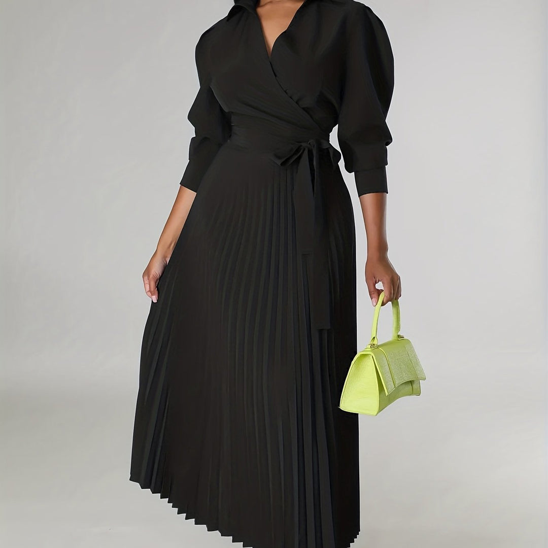 Ginna - Plain Pleated V-neck Dress