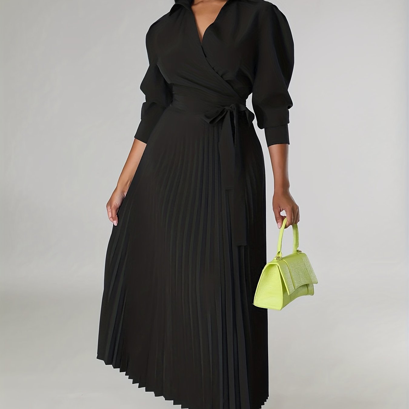 Ginna - Plain Pleated V-neck Dress