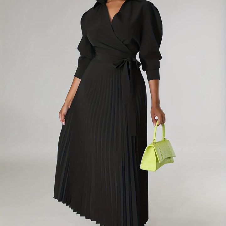Ginna - Plain Pleated V-neck Dress