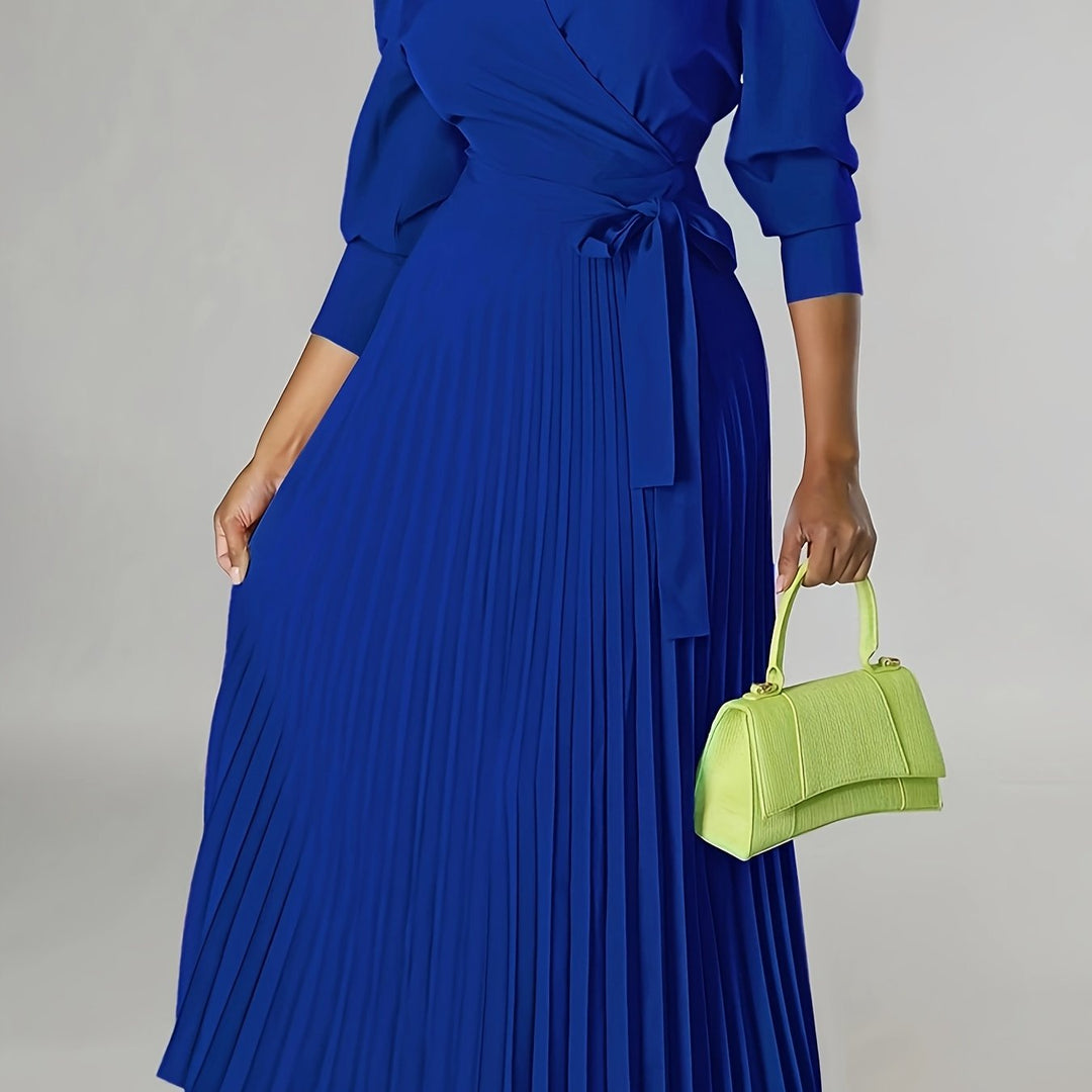 Ginna - Plain Pleated V-neck Dress