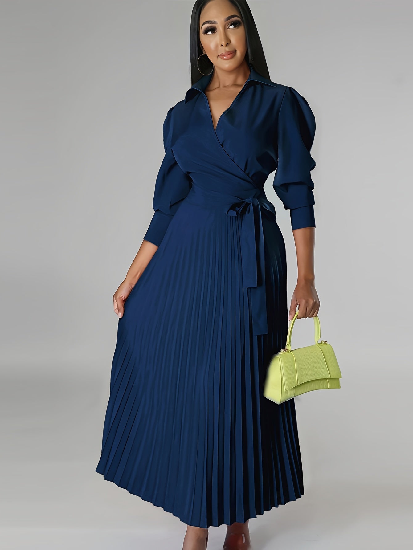 Ginna - Plain Pleated V-neck Dress