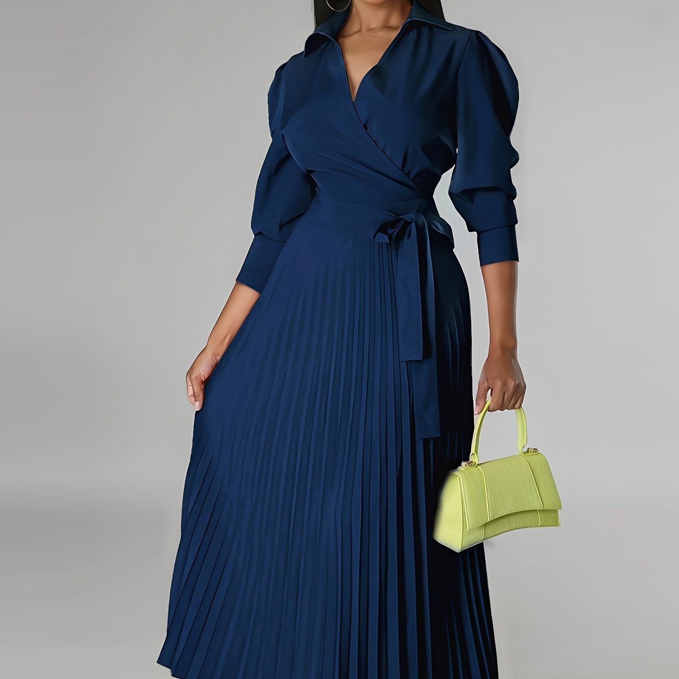 Ginna - Plain Pleated V-neck Dress