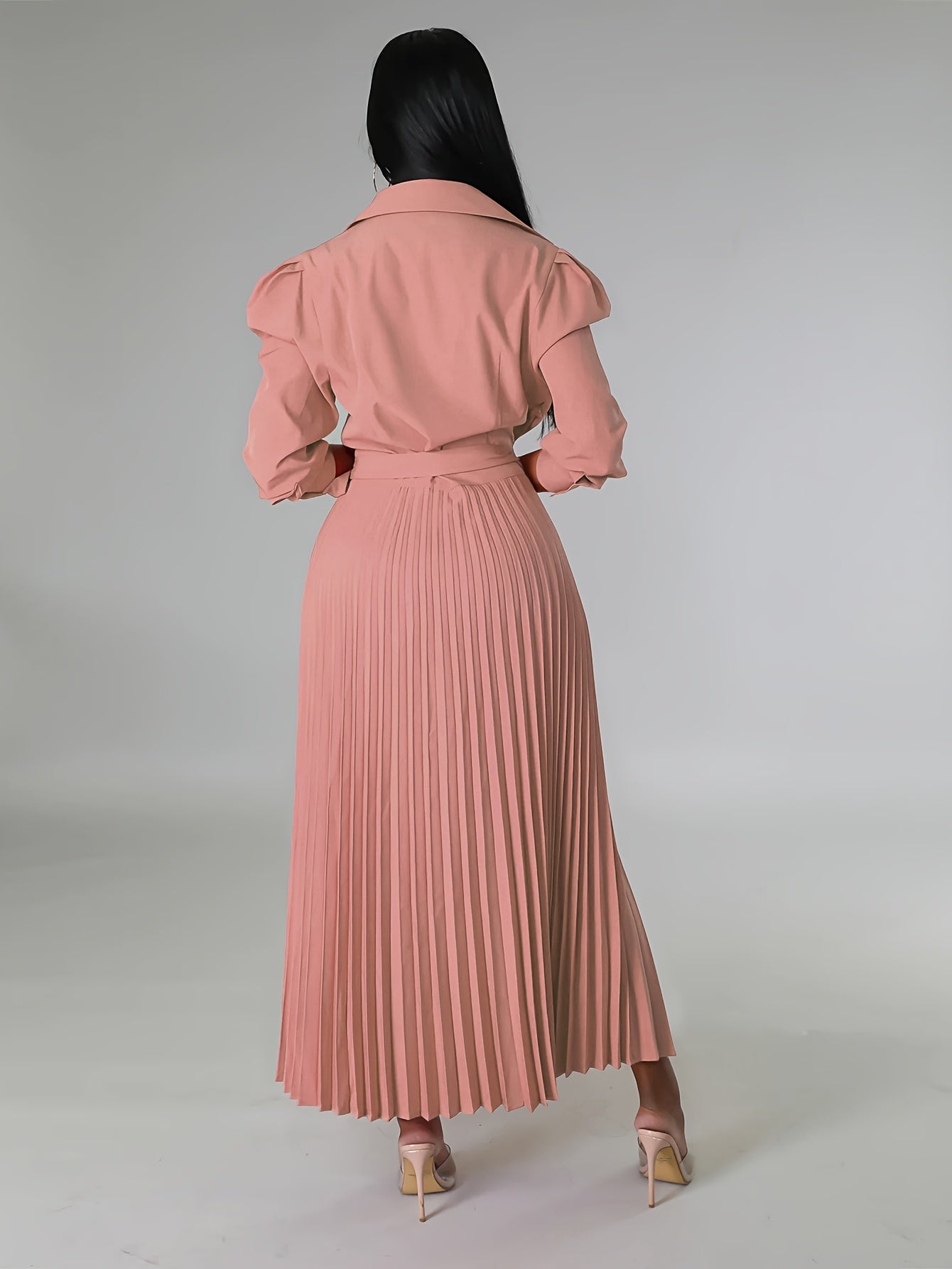 Ginna - Plain Pleated V-neck Dress