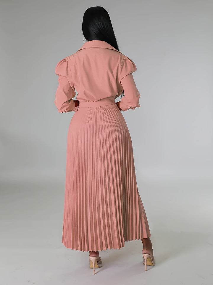 Ginna - Plain Pleated V-neck Dress
