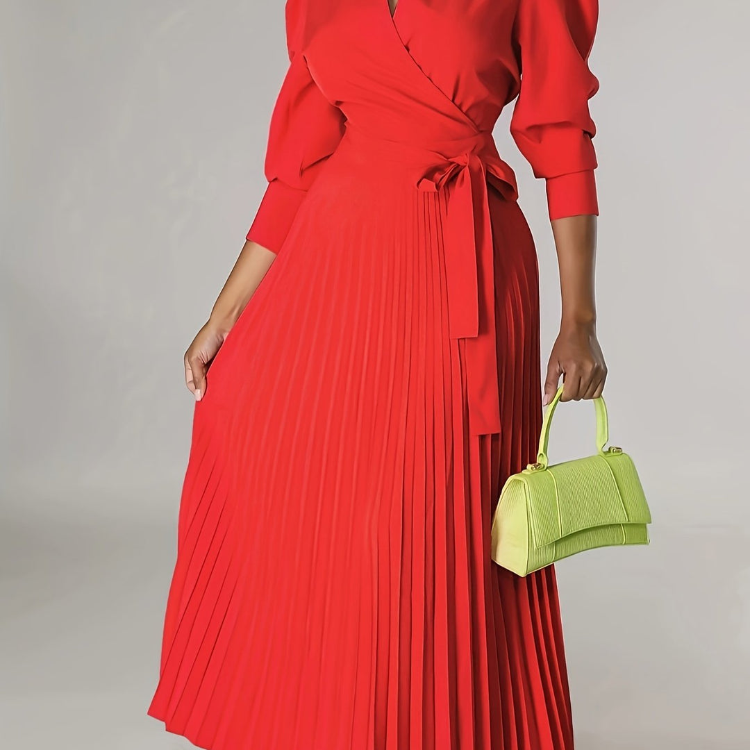 Ginna - Plain Pleated V-neck Dress