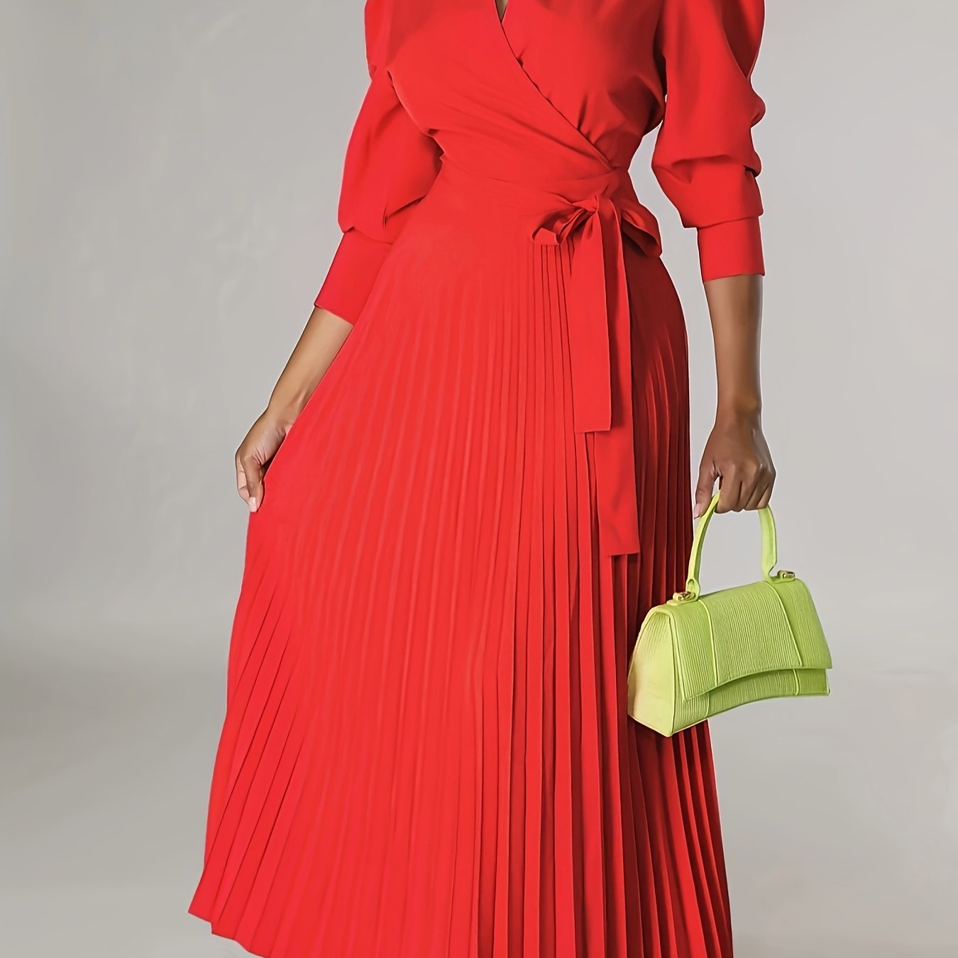 Ginna - Plain Pleated V-neck Dress