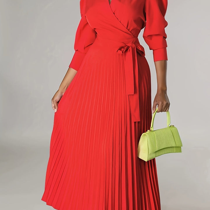 Ginna - Plain Pleated V-neck Dress