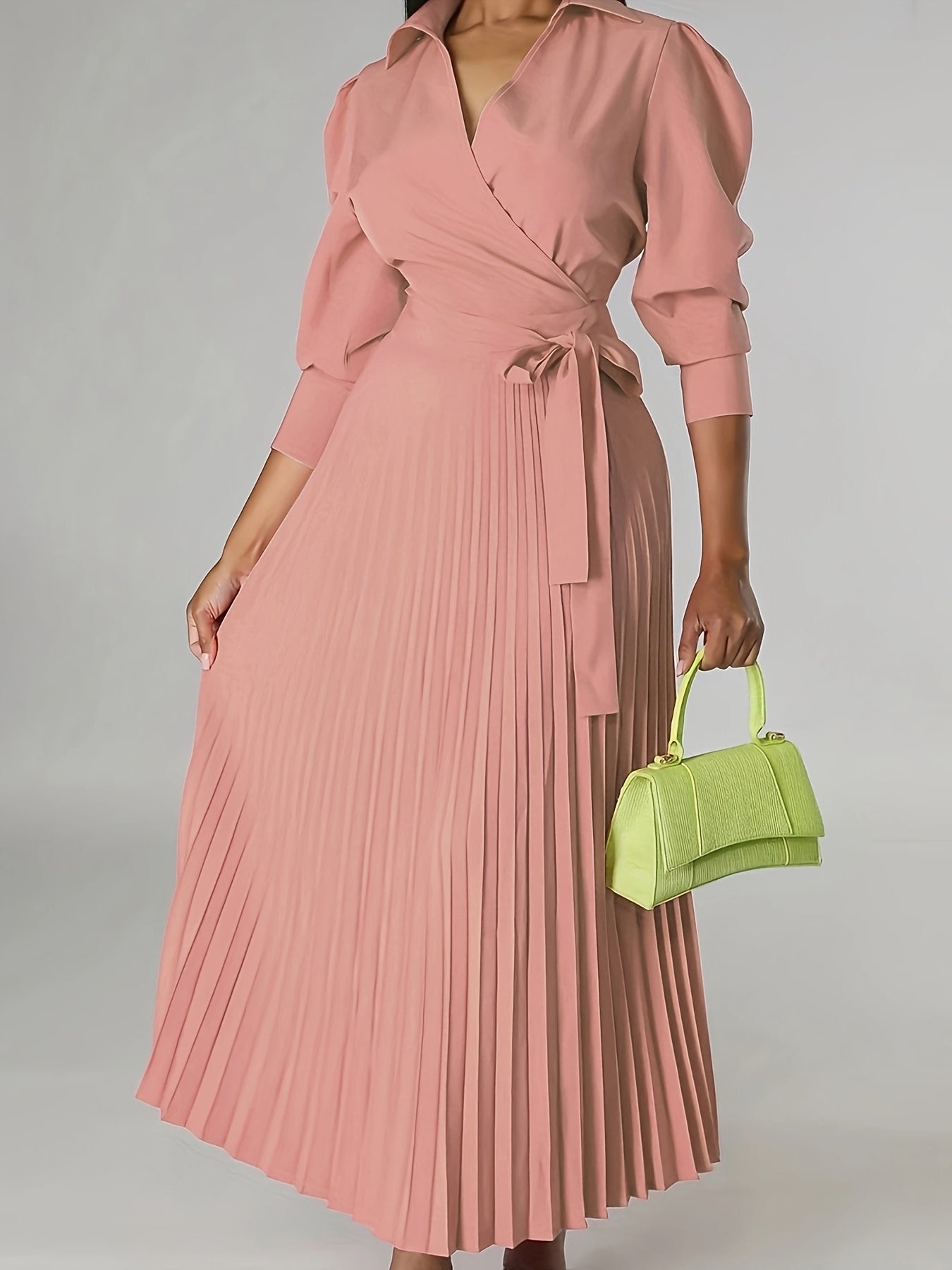 Ginna - Plain Pleated V-neck Dress