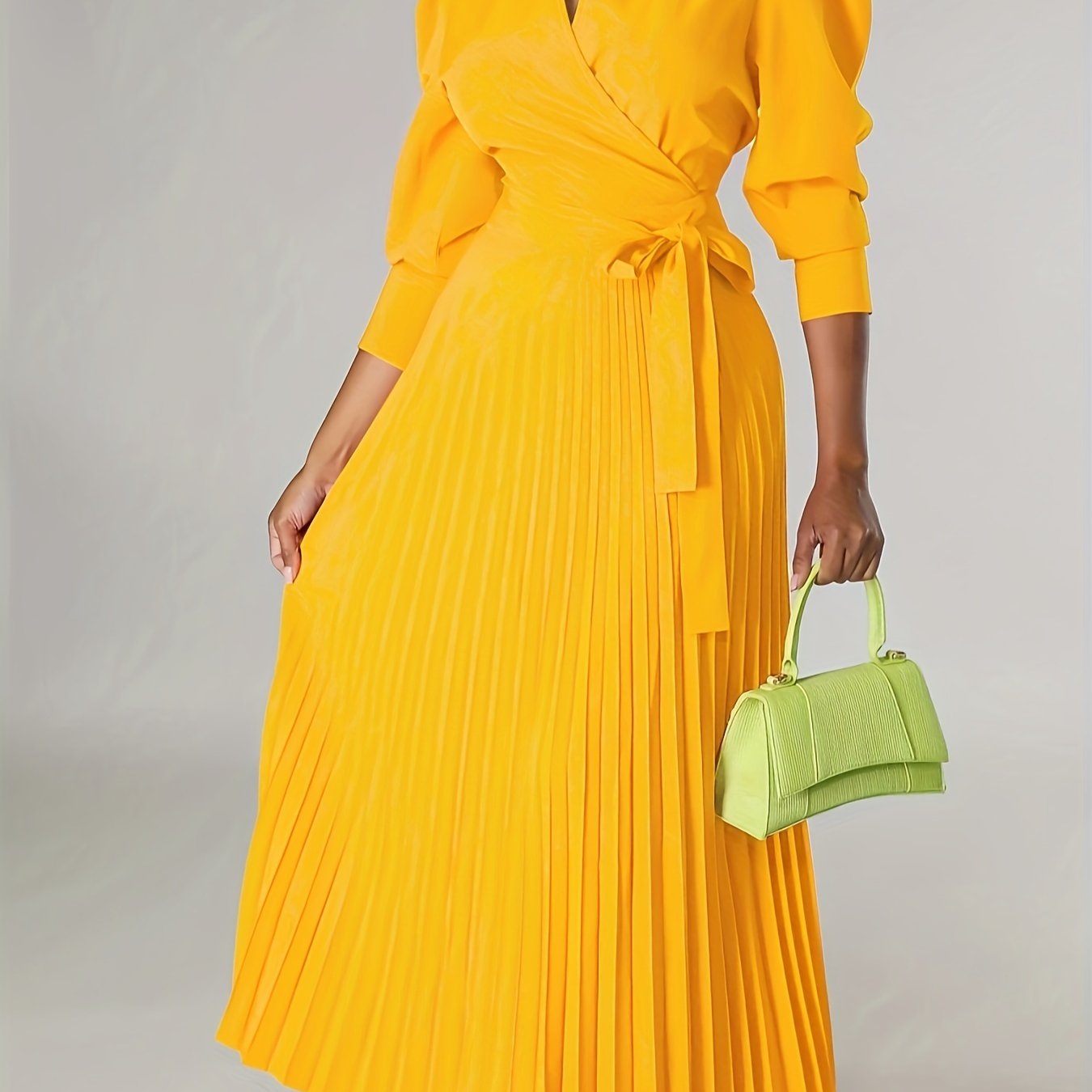 Ginna - Plain Pleated V-neck Dress