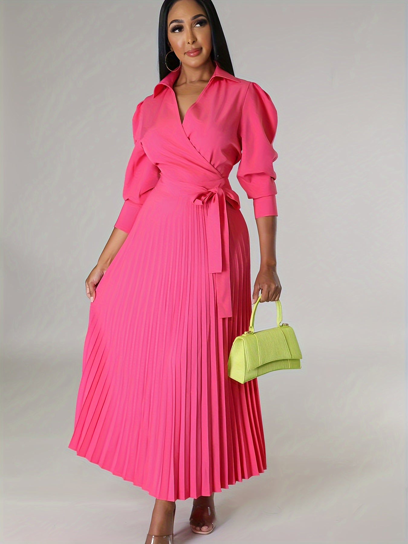 Ginna - Plain Pleated V-neck Dress