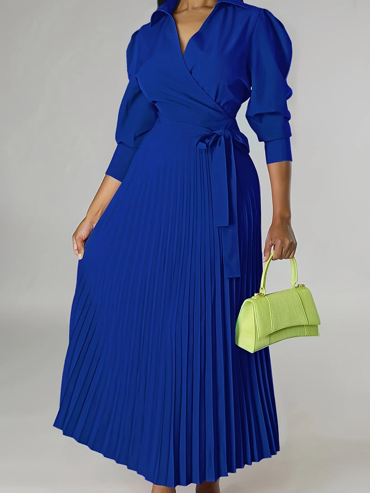 Ginna - Plain Pleated V-neck Dress