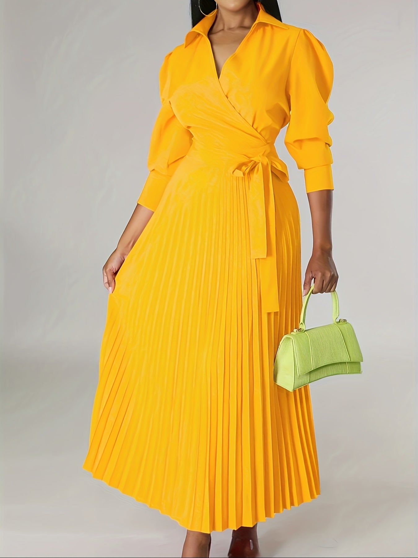 Ginna - Plain Pleated V-neck Dress