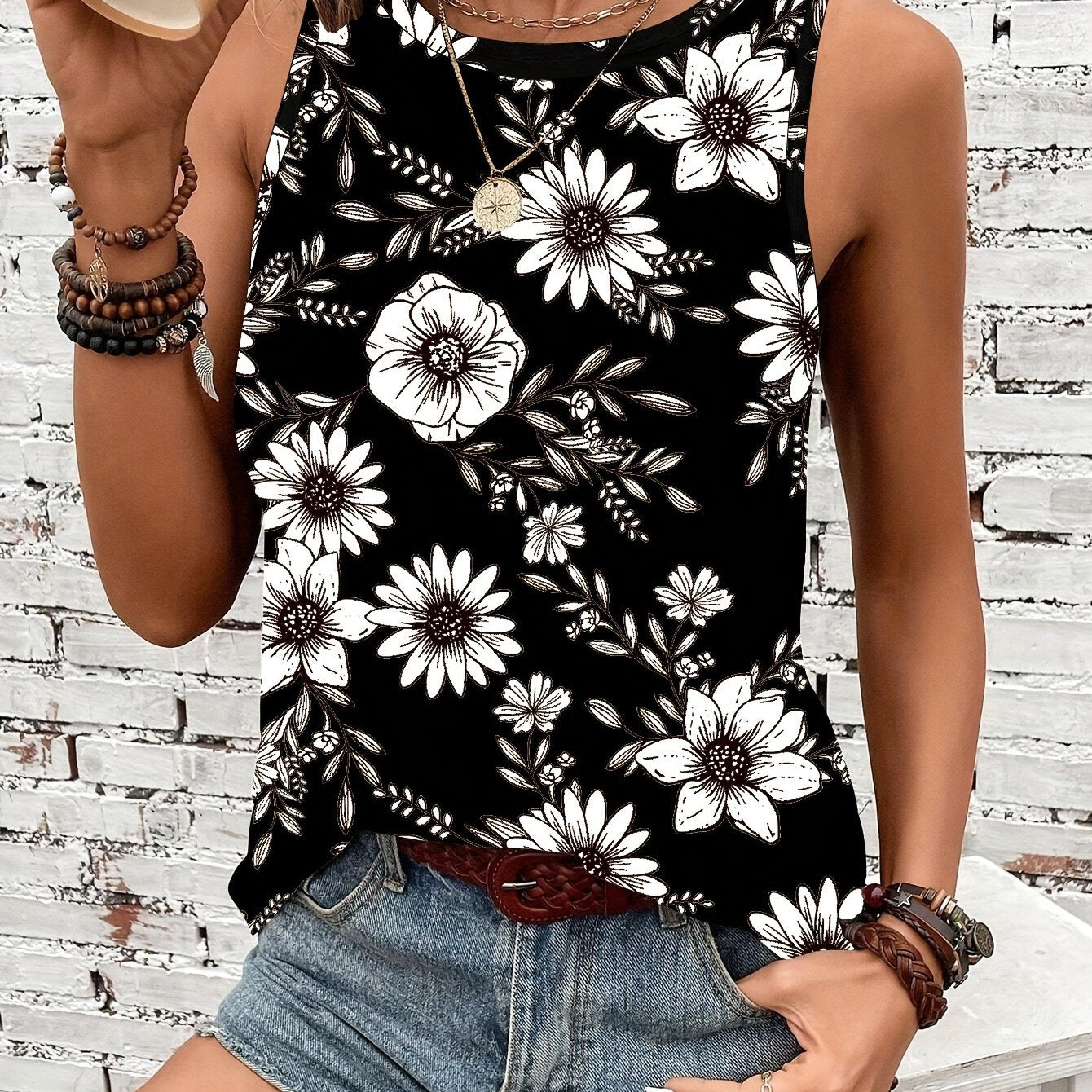 Satsuki - Floral Print Crew Neck Tank Top