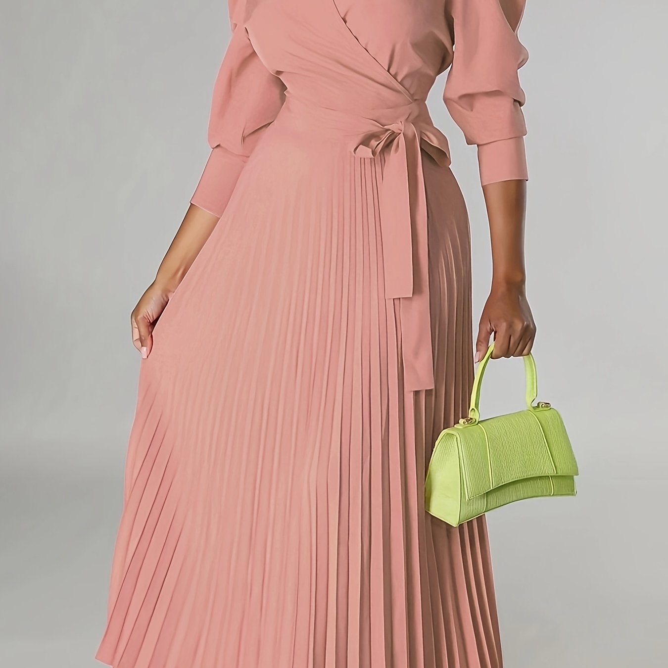 Ginna - Plain Pleated V-neck Dress