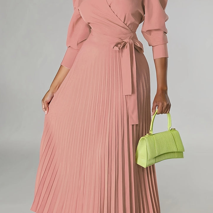 Ginna - Plain Pleated V-neck Dress
