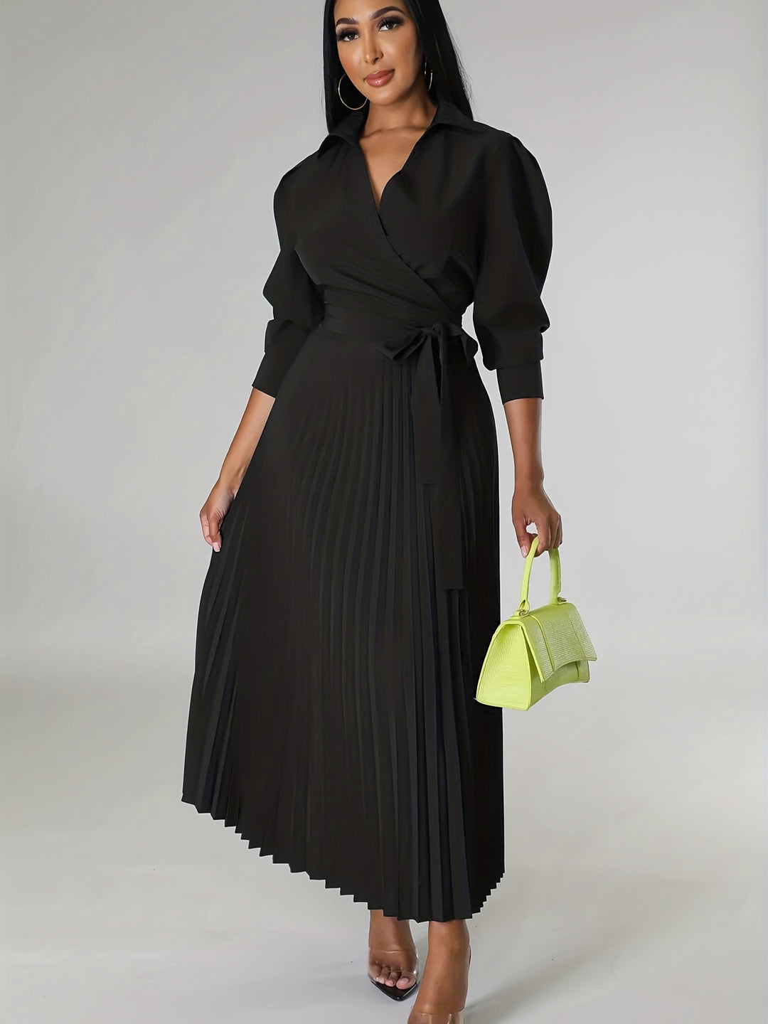 Ginna - Plain Pleated V-neck Dress