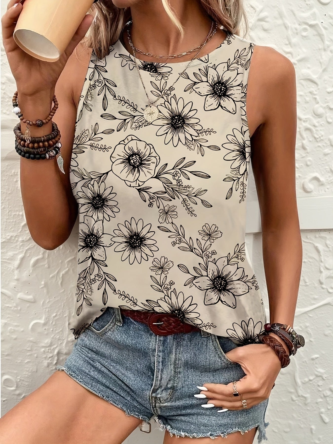 Satsuki - Floral Print Crew Neck Tank Top