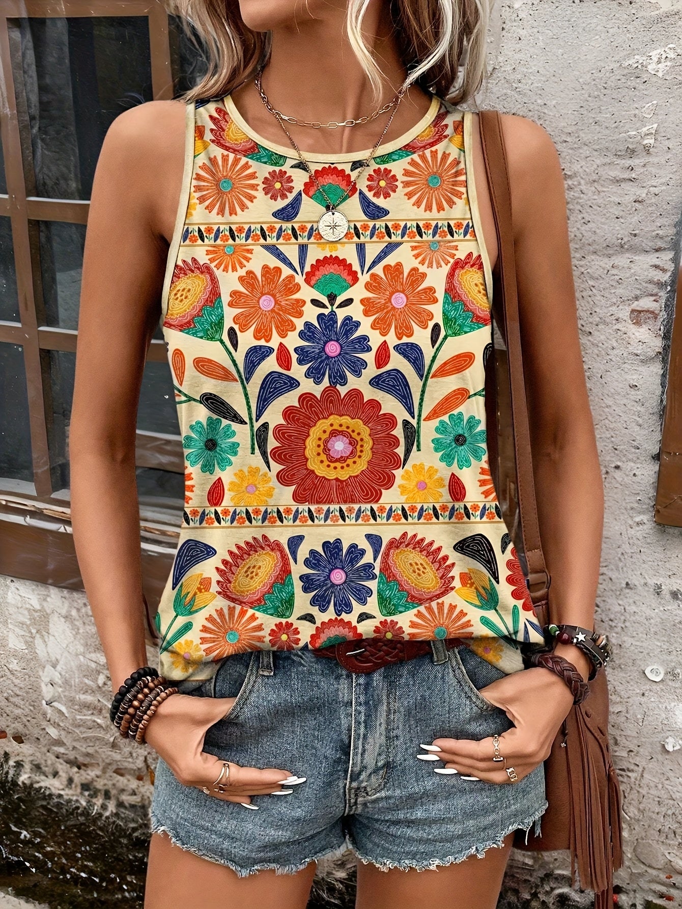 Sayuri - Floral Print Sleeveless T-Shirt